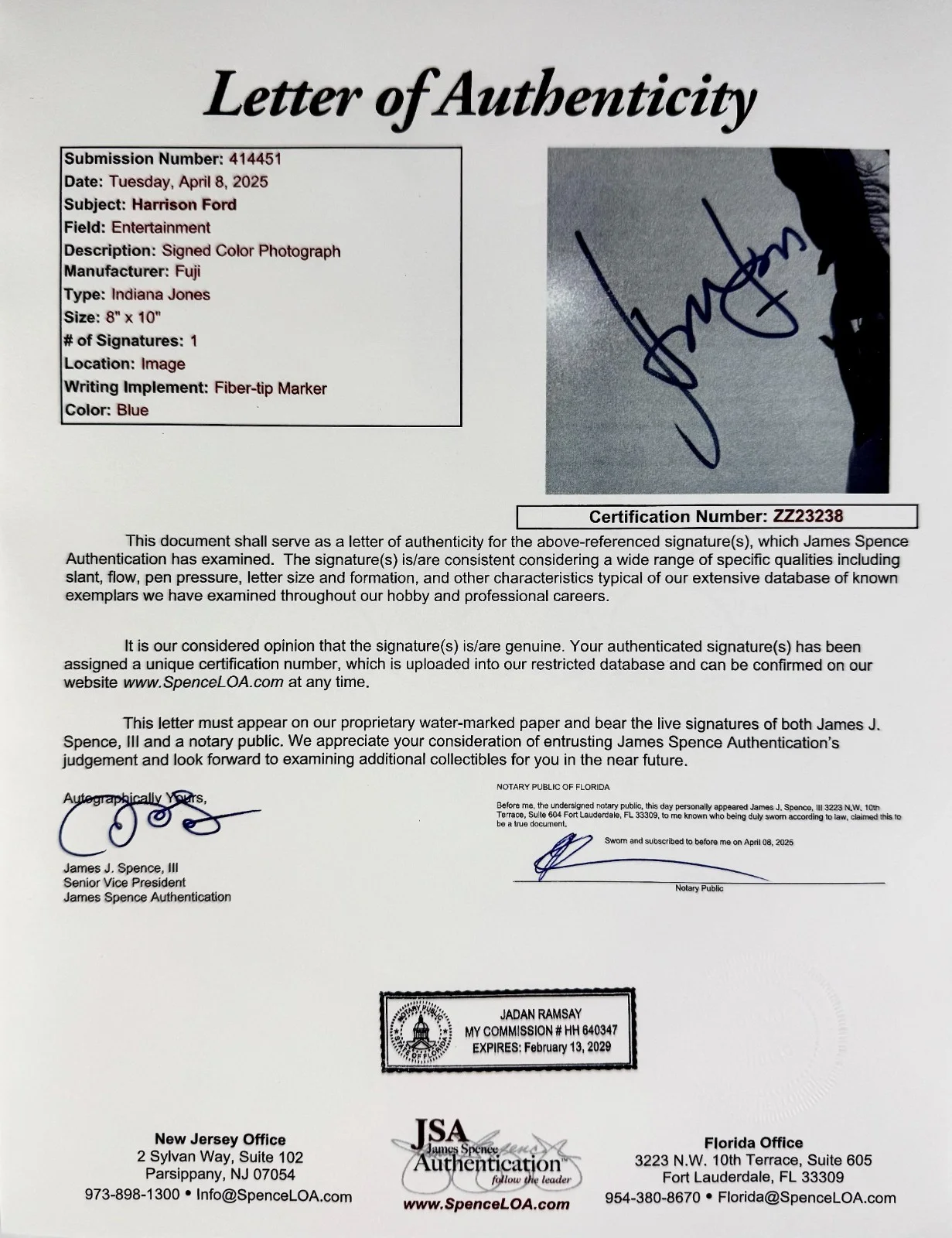 Harrison Ford — HARRISON FORD Signed Autographed 8" x 10" INDIANA JONES PHOTO JSA CERTIFIED LOA, изображение 3