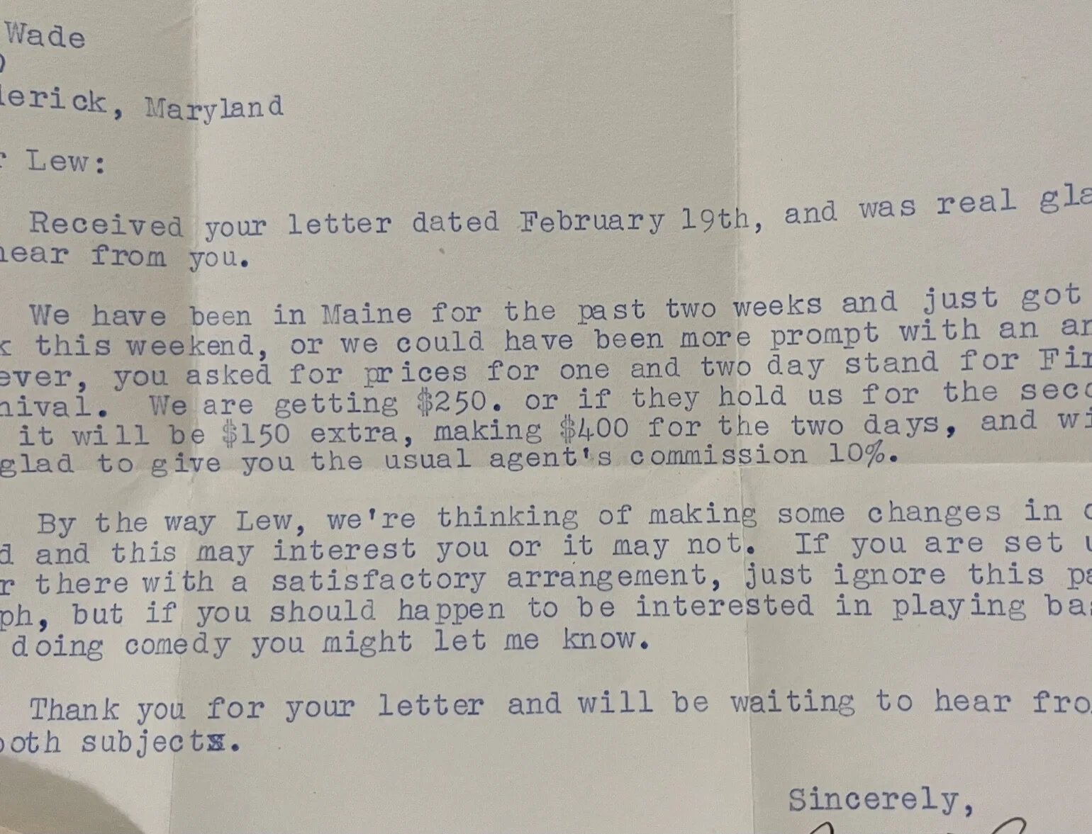 STONEY COOPER WILMA LEE 1955 FULL CONTENT HAND SIGNED STATIONARY LETTER LEW WADE, image 2