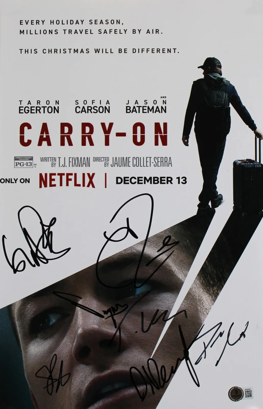 Taron Egerton, Jason Bateman, Dean Norris, Danielle Deadwyler, Th — Carry-On (7) Egerton, Bateman, Norris, Rossi +3 Signed 11x17 Photo BAS #AE64205