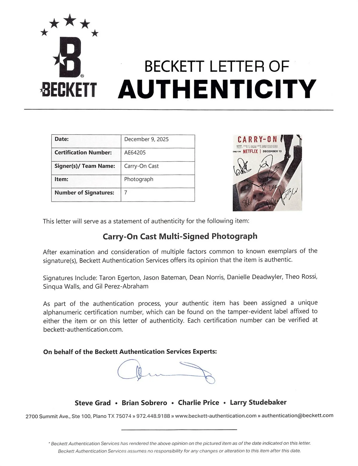 Taron Egerton, Jason Bateman, Dean Norris, Danielle Deadwyler, Th — Carry-On (7) Egerton, Bateman, Norris, Rossi +3 Signed 11x17 Photo BAS #AE64205, image 3