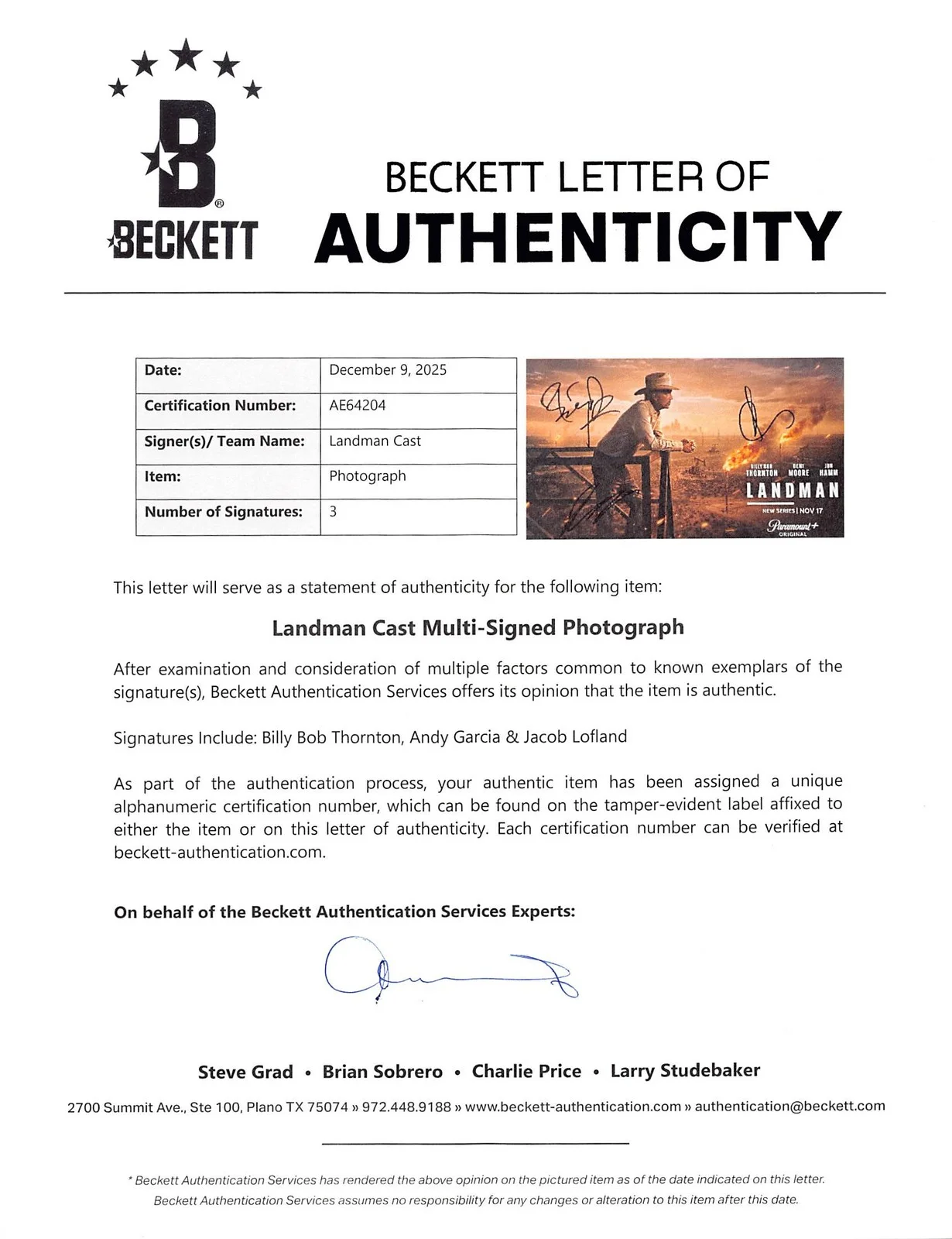 Billy Bob Thornton, Andy Garcia, Jacob Lofland — Landman (3) Thornton, Garcia & Lofland Authentic Signed 11x17 Photo BAS #AE64204, image 5