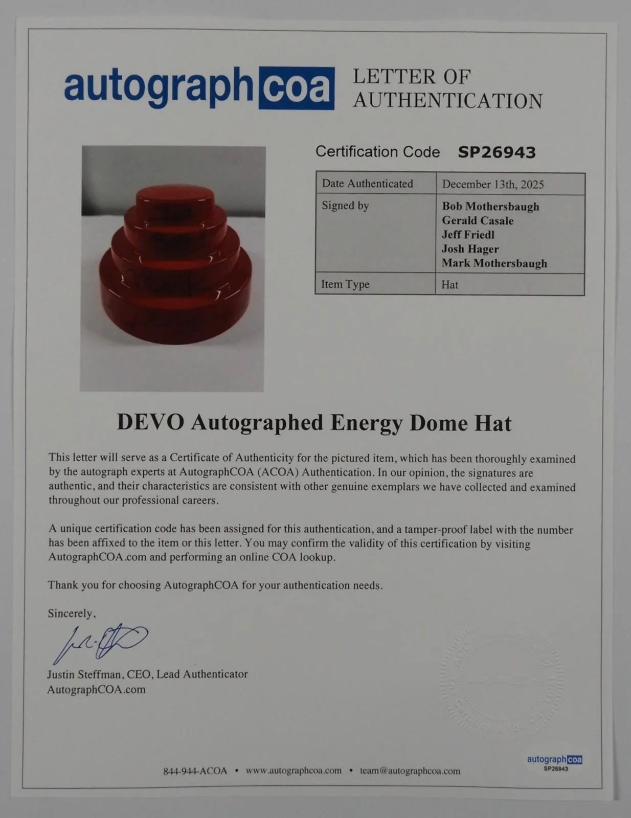 Devo ACOA Signed Autograph Red Energy Dome Hat, изображение 5