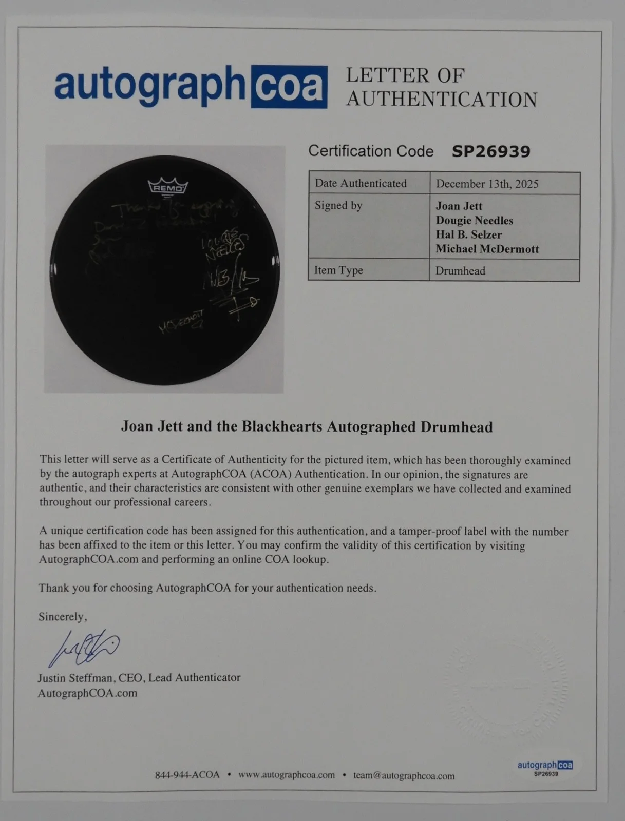 Joan Jett And The Blackhearts ACOA Signed Autograph Drumhead 100% Charity, image 4