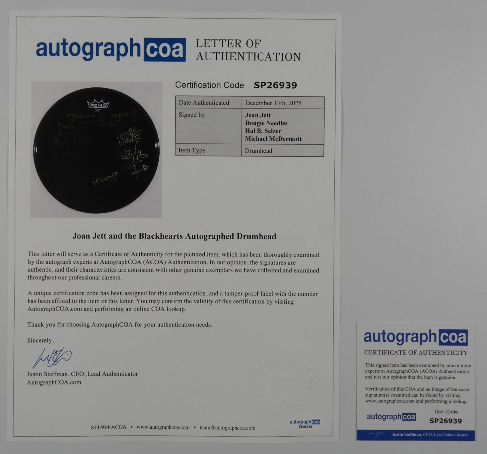 Joan Jett And The Blackhearts ACOA Signed Autograph Drumhead 100% Charity, image 5