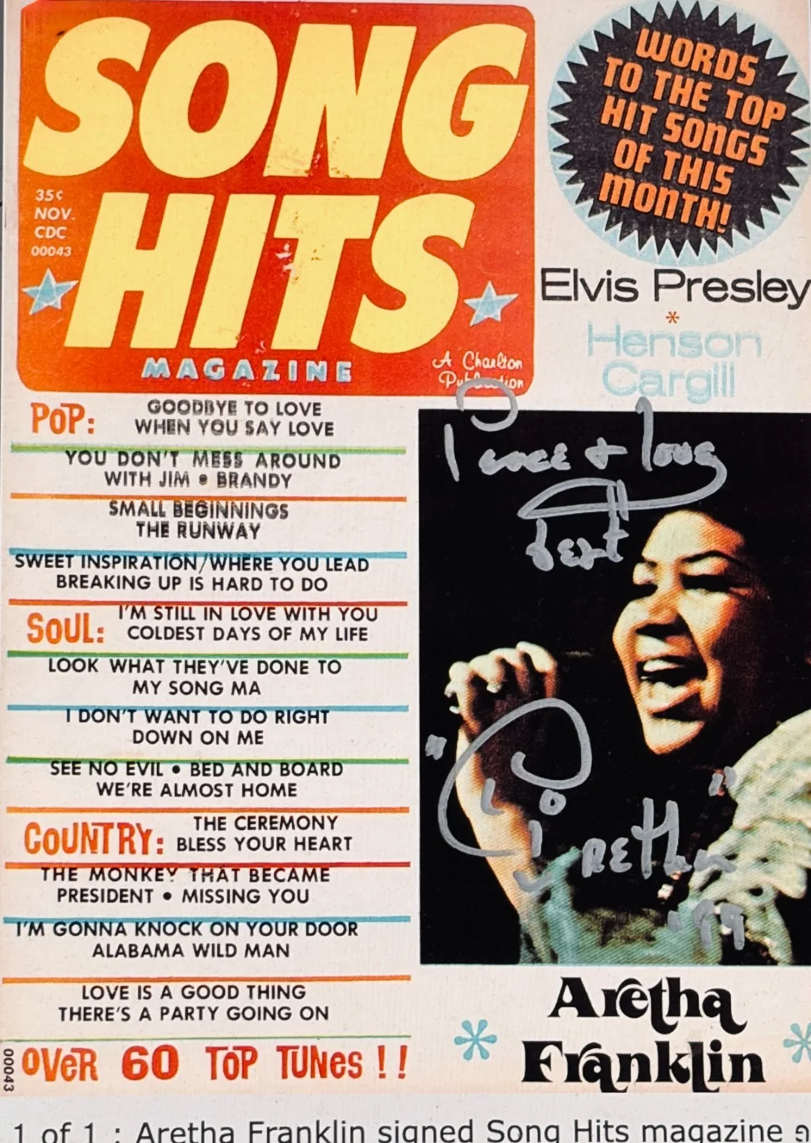 Aretha Franklin Signed•'72 Song Hits Magazine•SOUL QUEEN•Piece of the Past COA, изображение 2
