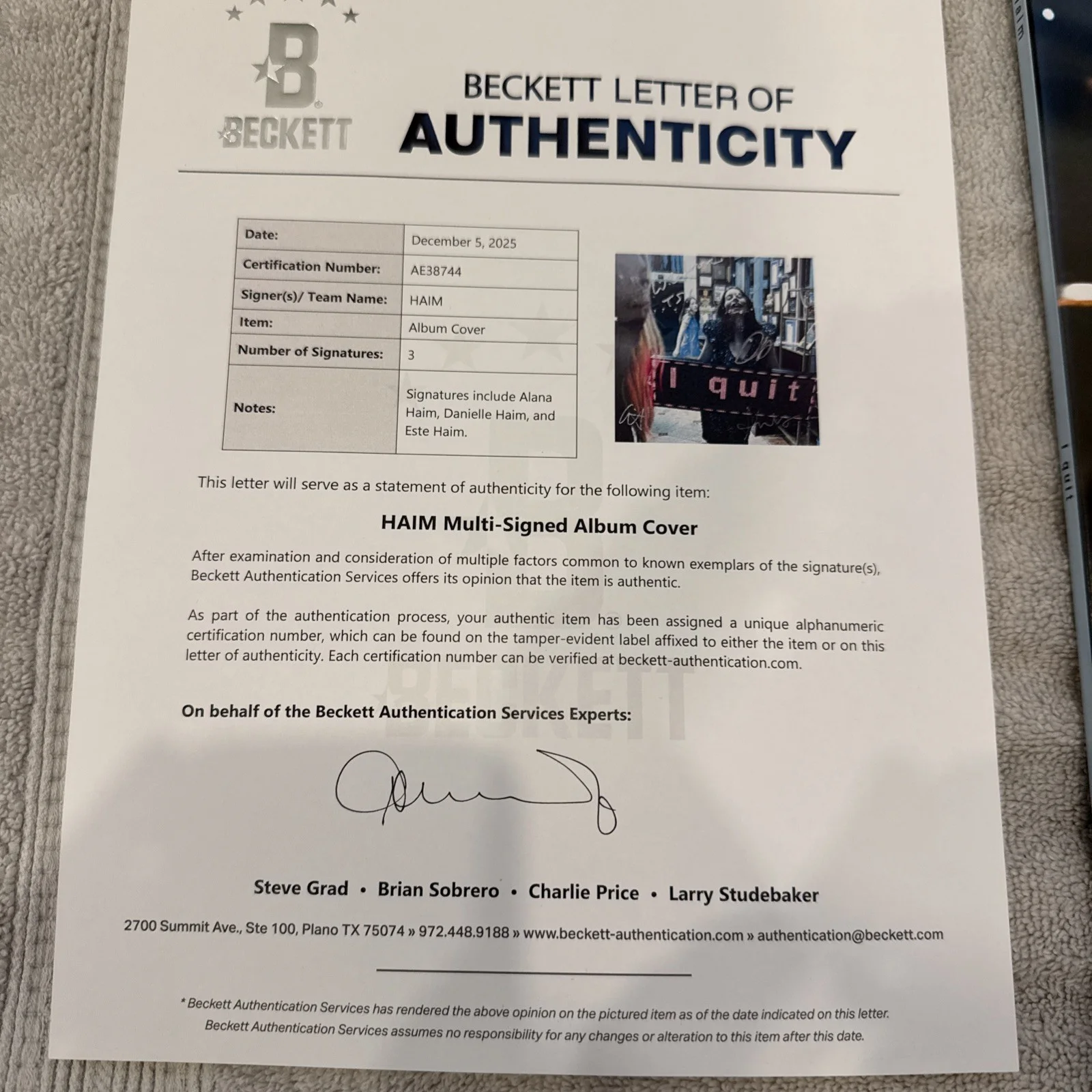 Haim Signed I Quit Album Vinyl Alana, Danielle, Este We Love T S Beckett LOA, изображение 2