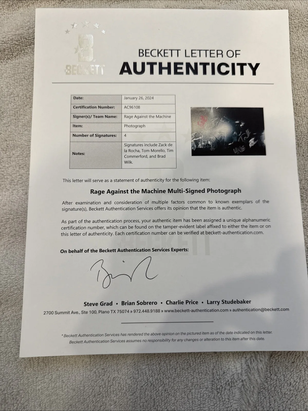 Rage Against The Machine Band Signed Photo RATM Morello ZDLR X4 Beckett LOA, изображение 5
