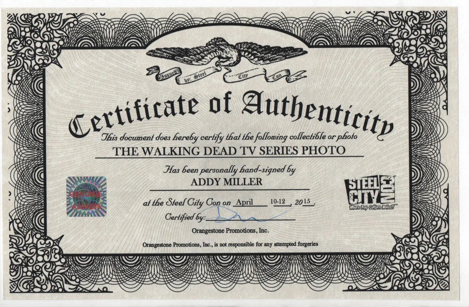 Addy Miller — Addy Miller The Walking Dead Teddy Bear Girl Signed 8x10” Color Photo Steel COA, изображение 2