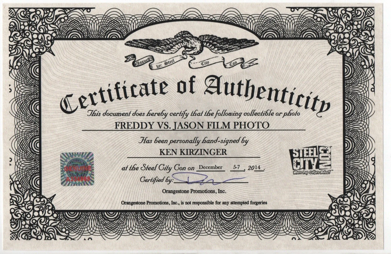 Ken Kirzinger — Bada$$ Ken Kirzinger Signed Autographed B&W 8x10 Freddy Vs. Jason Steel City COA, изображение 2