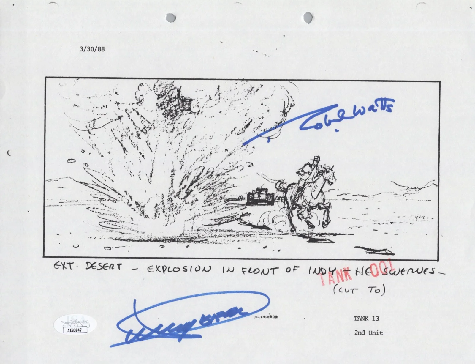 Dickey Beer — Indiana Jones - Storyboard signed by Dickey Beer & Robert Watts 8x10 JSA COA