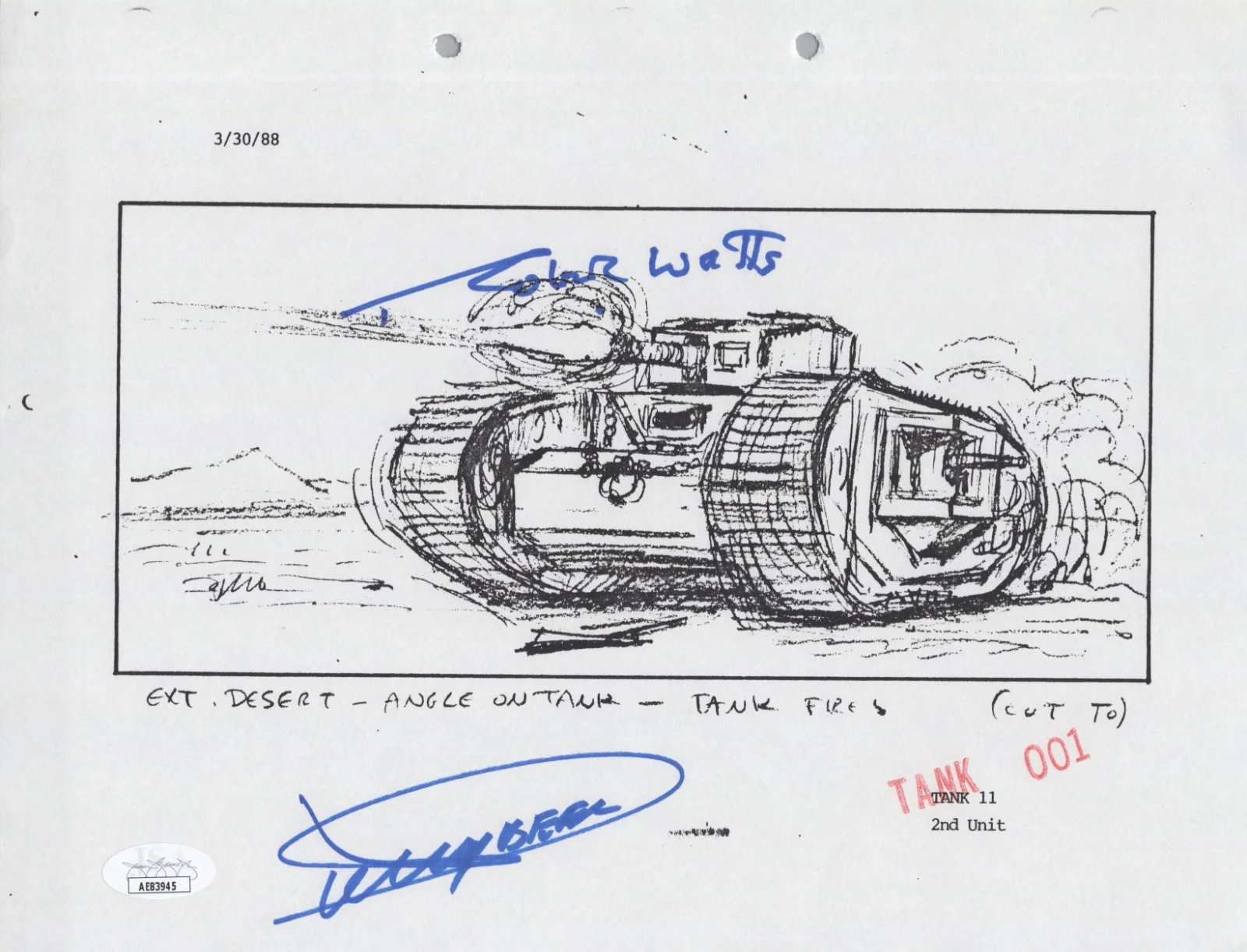 Dickey Beer — Indiana Jones - Storyboard signed by Dickey Beer & Robert Watts 8x10 JSA COA