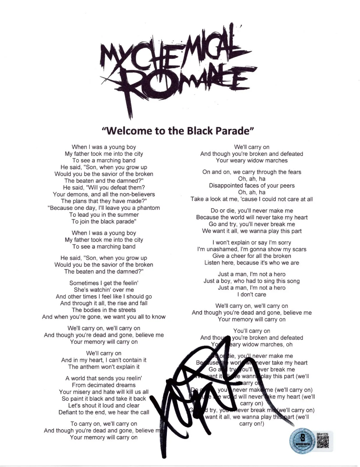 FRANK IERO SIGNED MY CHEMICAL ROMANCE BLACK PARADE LYRIC SHEET BECKETT BAS COA, изображение 2