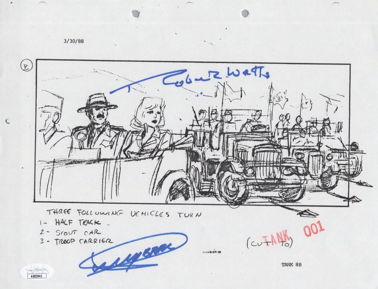 Dickey Beer — Indiana Jones - Storyboard signed by Dickey Beer & Robert Watts 8x10 JSA COA