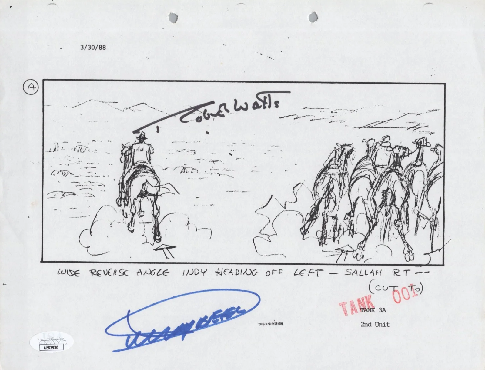 Dickey Beer — Indiana Jones - Storyboard signed by Dickey Beer & Robert Watts 8x10 JSA COA