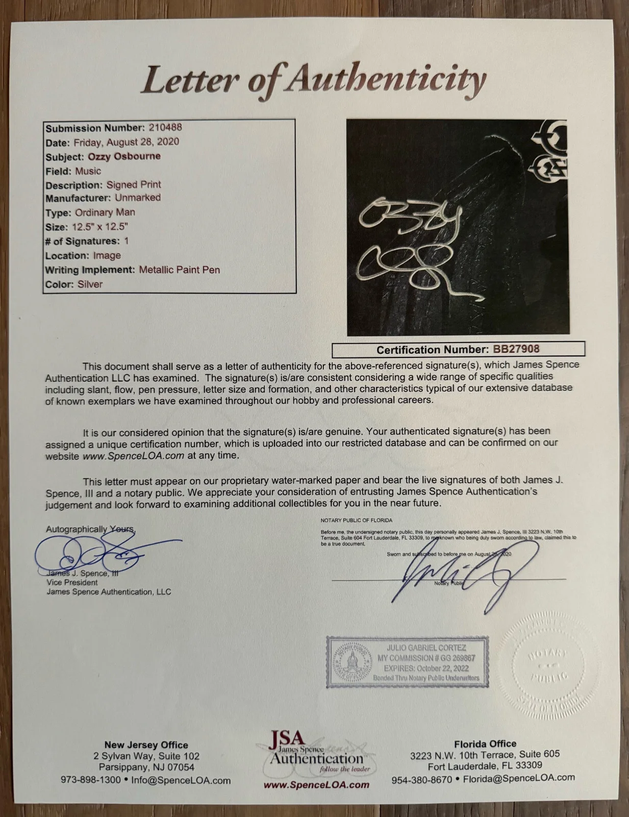 OZZY OSBOURNE Ordinary Man Vinyl Signed Flat Autographed JSA Notorized COA, image 5