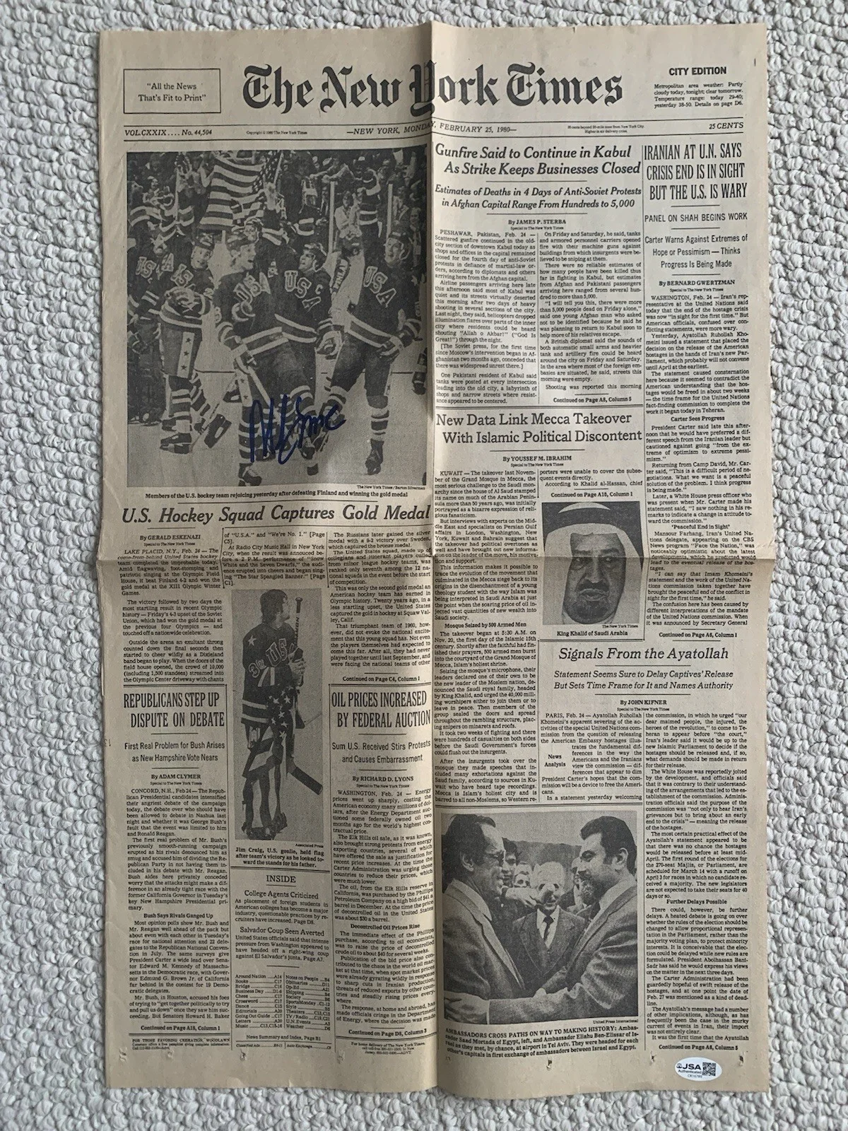 MIKE ERUZIONE HAND SIGNED 14x22 ORIGINAL NEW YORK TIMES FRONT PAGE 1980 JSA, image 2