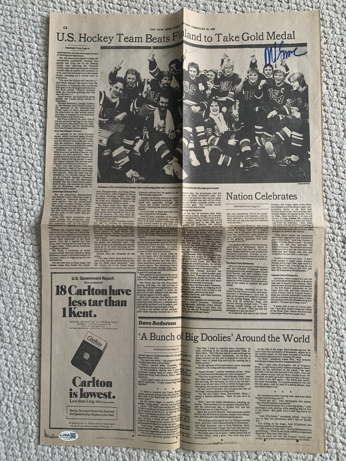MIKE ERUZIONE HAND SIGNED 14x22 ORIGINAL NY TIMES SPORTS PAGE FROM 1980 JSA, изображение 2