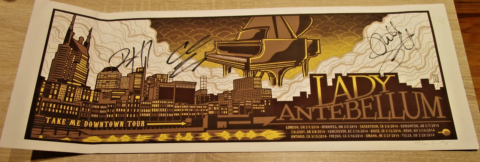 Lady Antebellum 2014 Tour Poster SIGNED BY ALL 3 PLUS PRINT ARTIST 445/1620 25X9, изображение 3