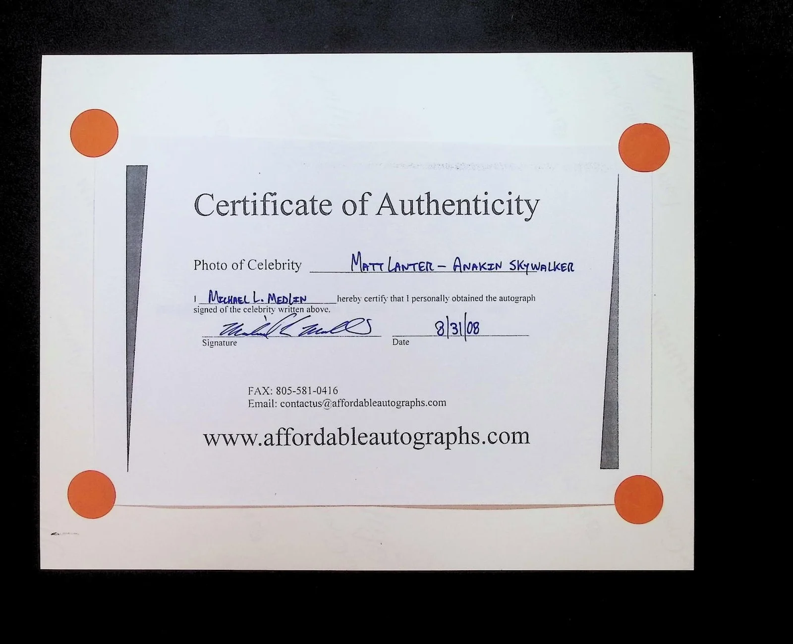 Matt Lanter Anakin Skywalker Hand Signed from Clone Wars with COA, image 2