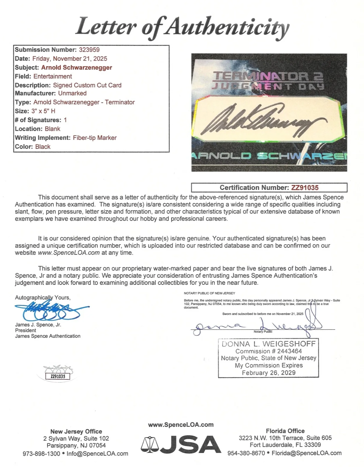 Arnold Schwarzenegger — Arnold Schwarzenegger Signed 3x5 Custom Cut Card JSA LOA Terminator Autograph, image 3