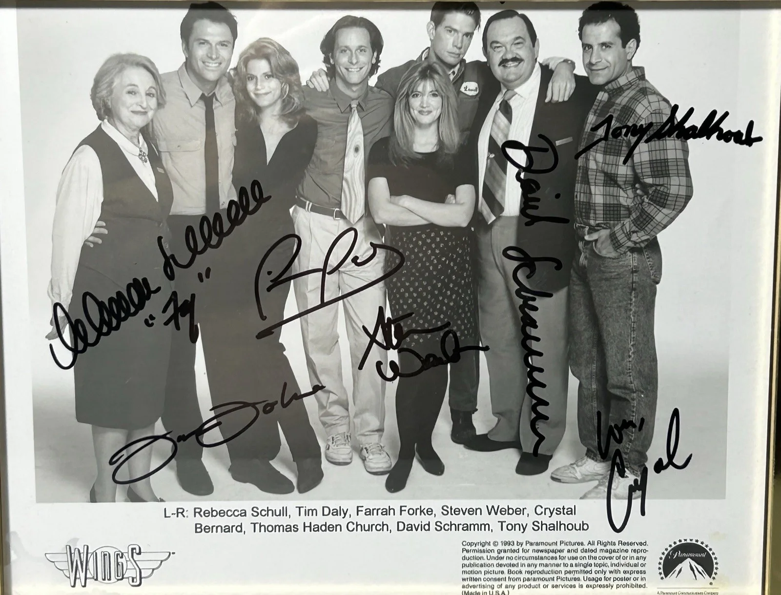 Wings TV Series Signed Original Cast Photo 1993 Paramount 7 Signatures Framed, image 2