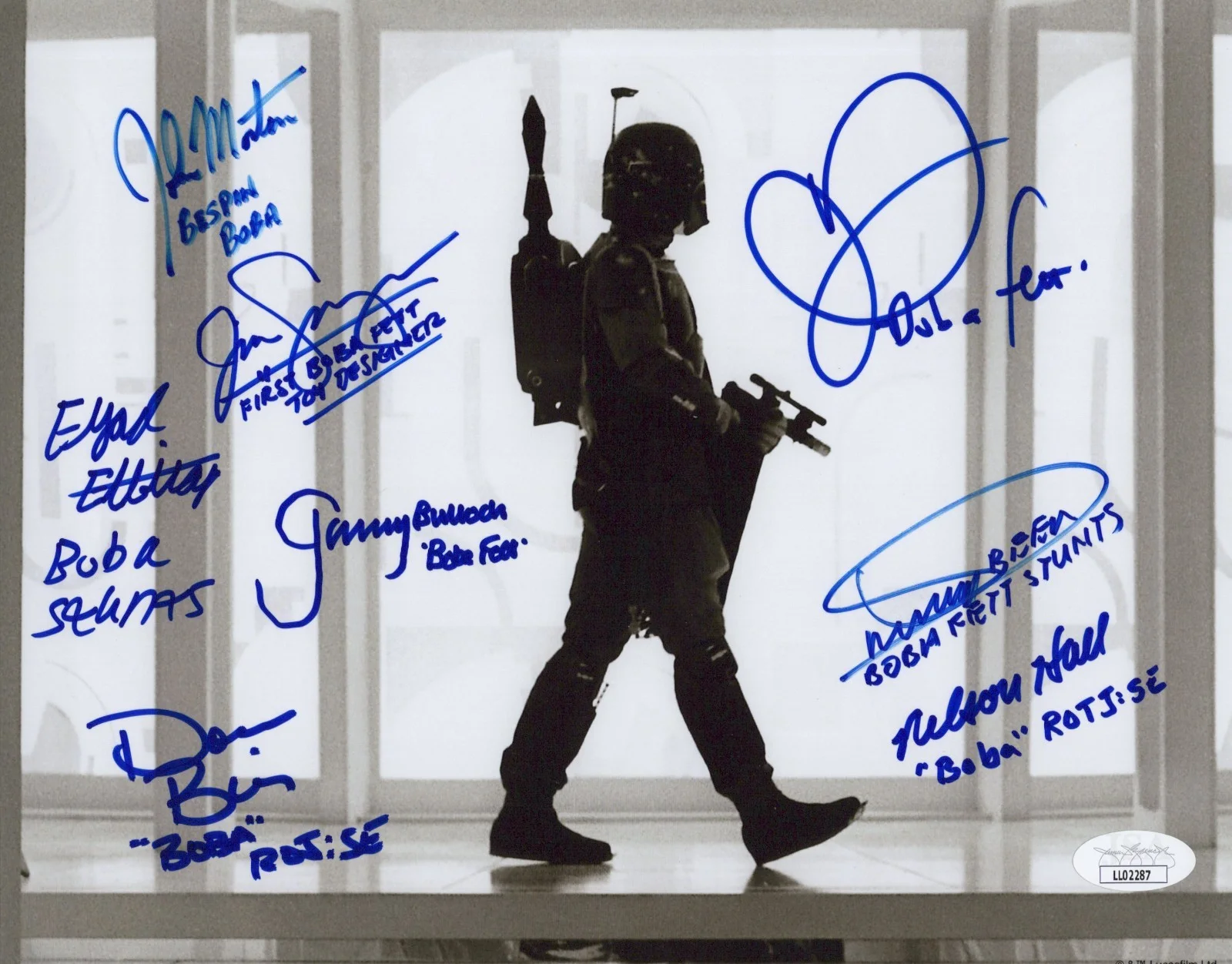 Beer, Bies, Bulloch, Elbitar, Hall, Logan, Morton & Swearingen — Star Wars- Boba Fett 8x10 photo signed by Jeremy Bulloch +7 other Fetts JSA COA