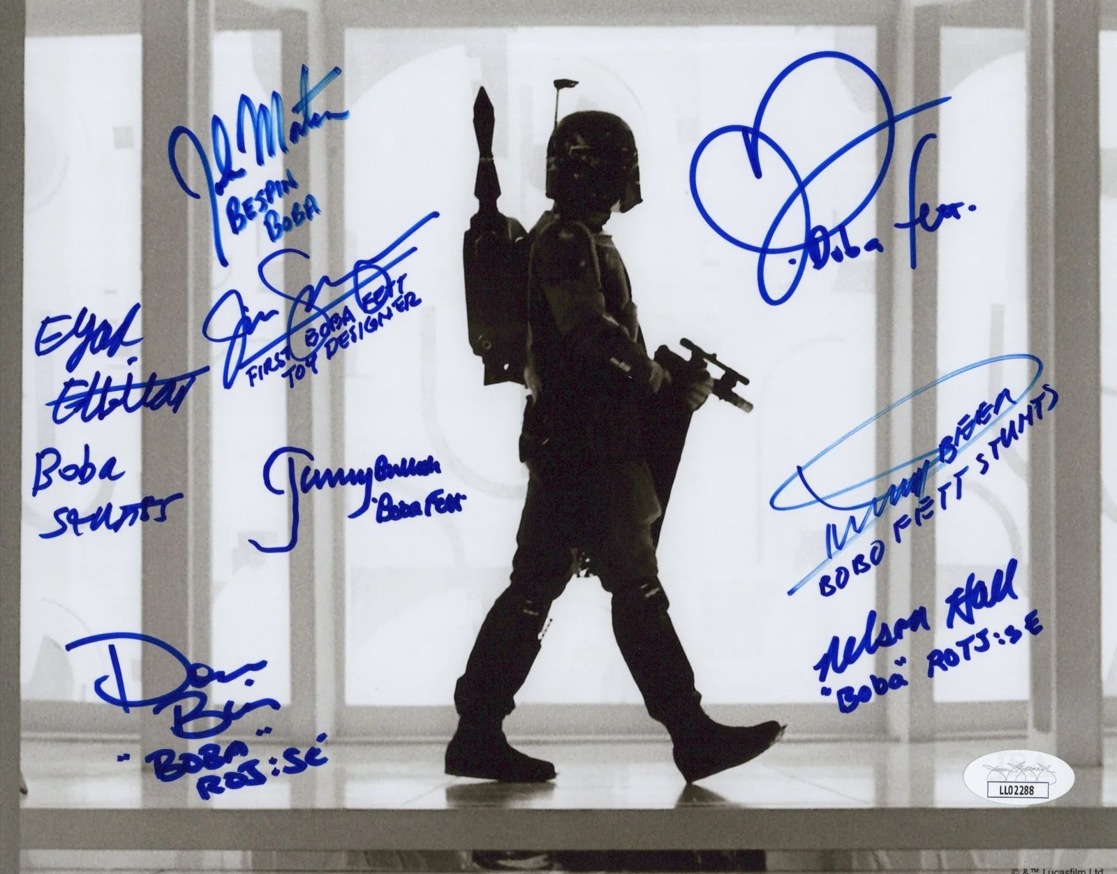 Beer, Bies, Bulloch, Elbitar, Hall, Logan, Morton & Swearingen — Star Wars- Boba Fett 8x10 photo signed by Jeremy Bulloch +7 other Fetts JSA COA