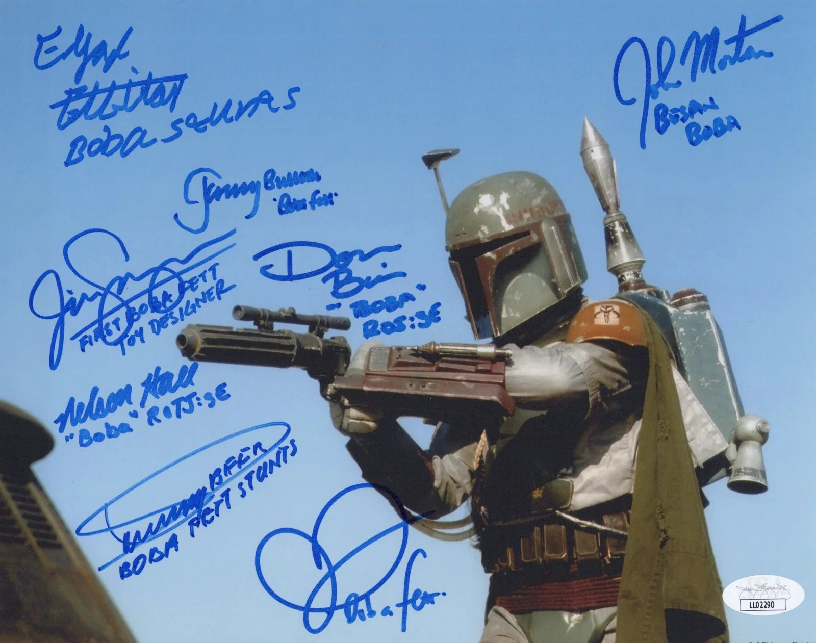 Beer, Bies, Bulloch, Elbitar, Hall, Logan, Morton & Swearingen — Star Wars- Boba Fett 8x10 photo signed by Jeremy Bulloch +7 other Fetts JSA COA
