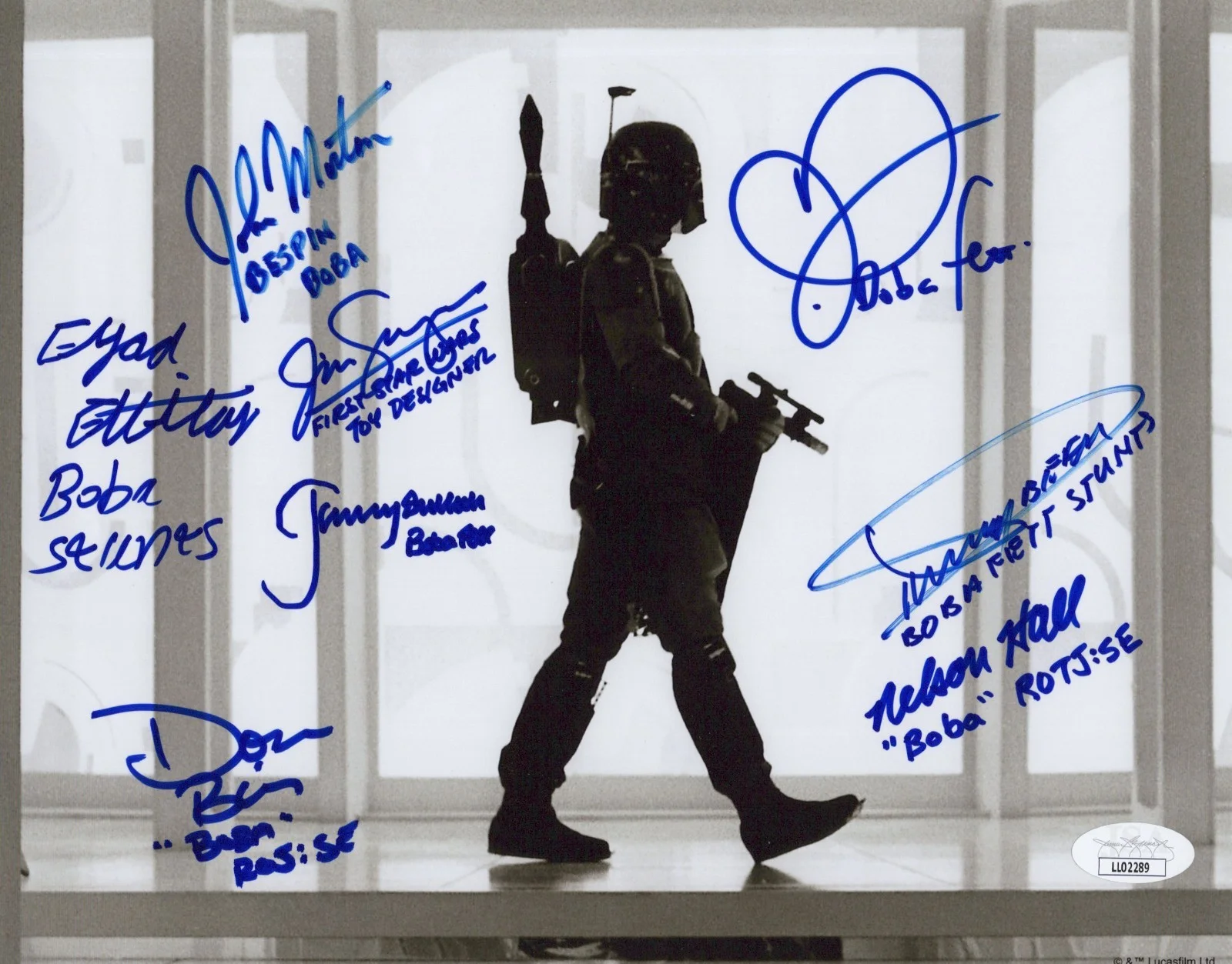 Beer, Bies, Bulloch, Elbitar, Hall, Logan, Morton & Swearingen — Star Wars- Boba Fett 8x10 photo signed by Jeremy Bulloch +7 other Fetts JSA COA