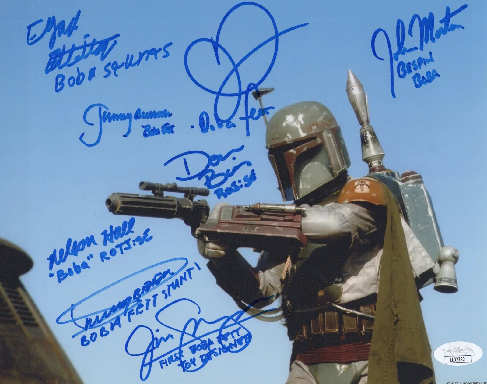 Beer, Bies, Bulloch, Elbitar, Hall, Logan, Morton & Swearingen — Star Wars- Boba Fett 8x10 photo signed by Jeremy Bulloch +7 other Fetts JSA COA
