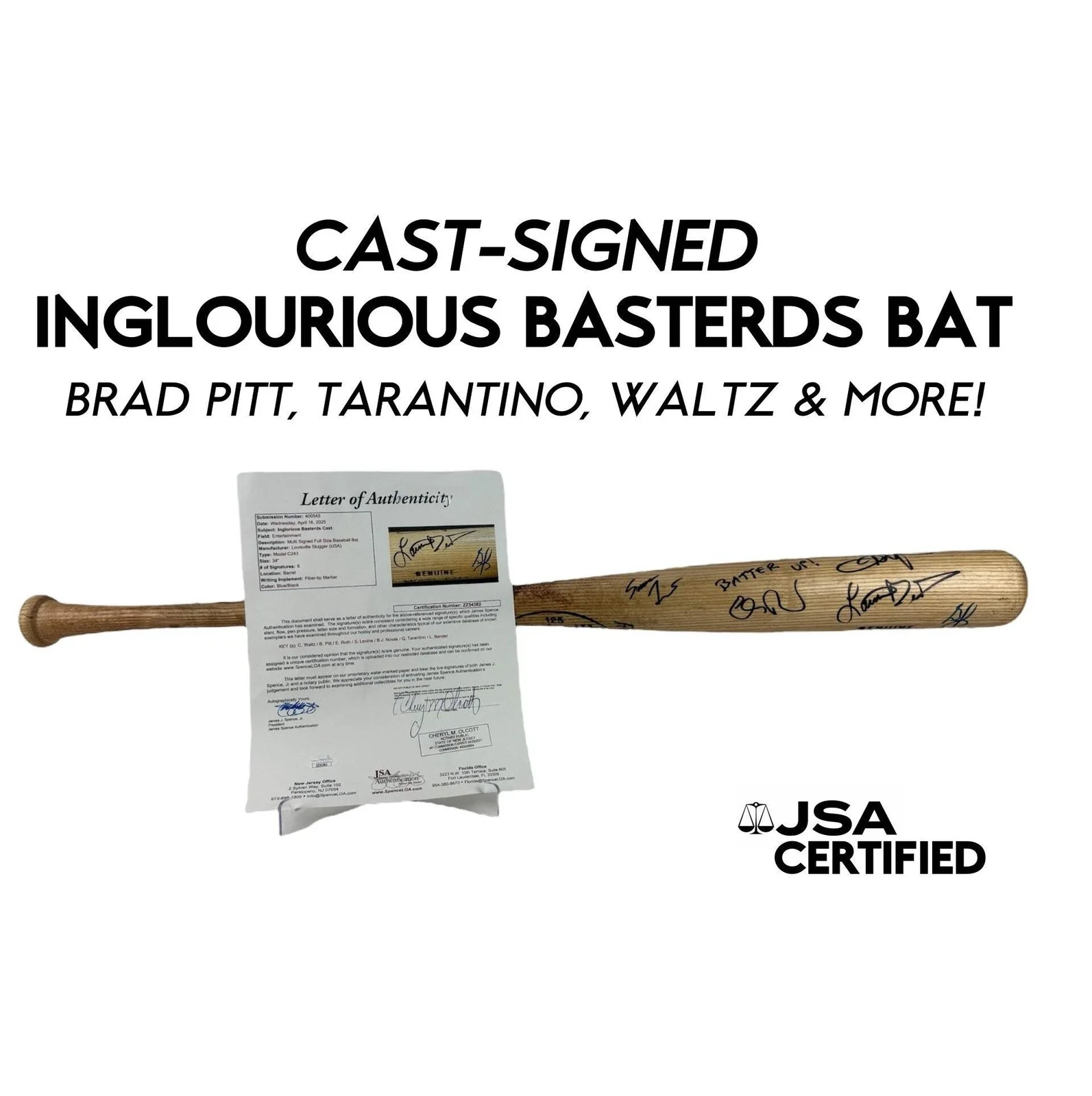 Brad Pitt; Christoph Waltz; Quentin Tarantino; Eli Roth; Samm Lev — Inglourious Basterds Signed Bat - Pitt, Waltz, Tarantino, & Cast (JSA Certified)
