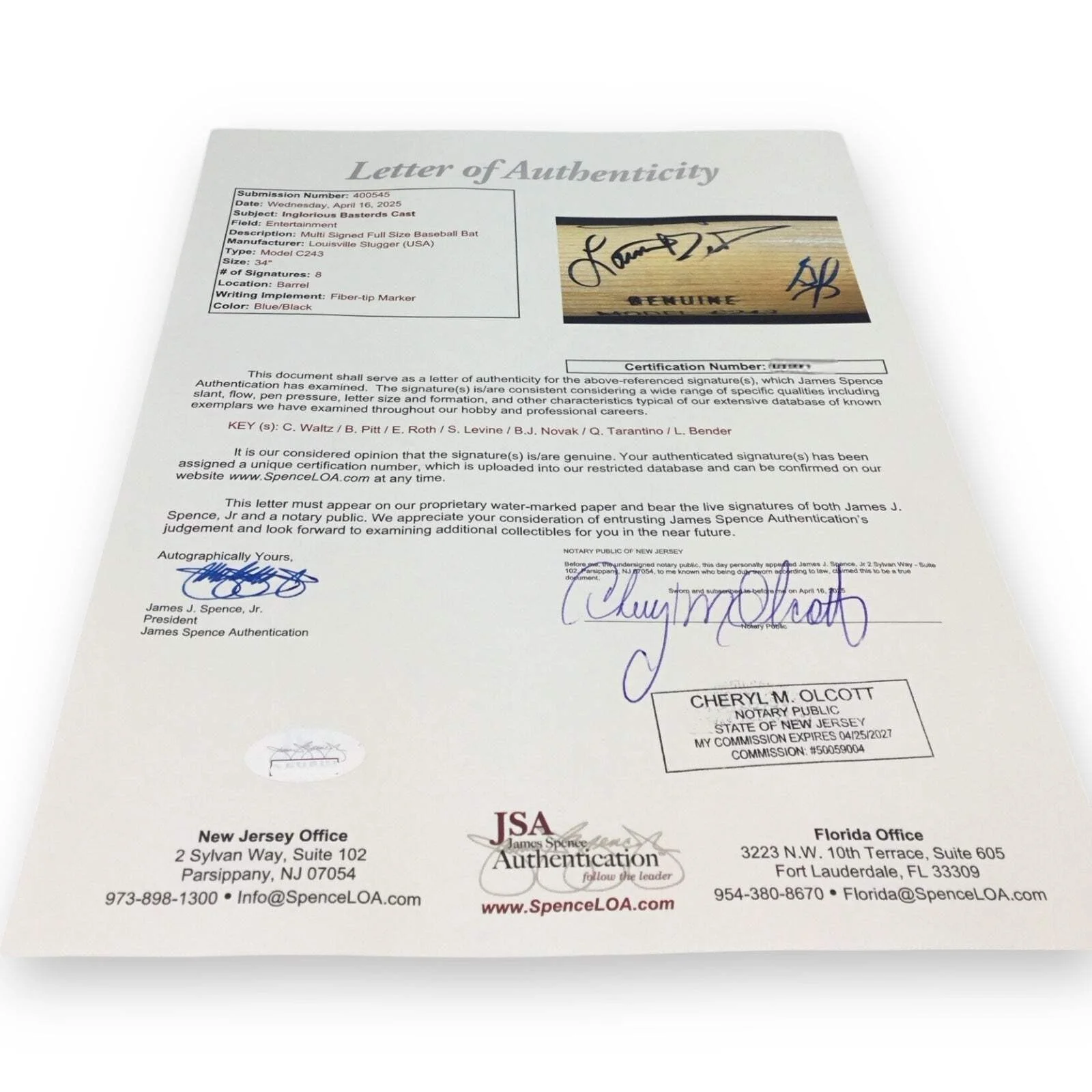 Brad Pitt, Christoph Waltz, Quentin Tarantino, Eli Roth, Samm Lev — Inglourious Basterds Signed Bat - Pitt, Waltz, Tarantino, & Cast (JSA Certified), изображение 5
