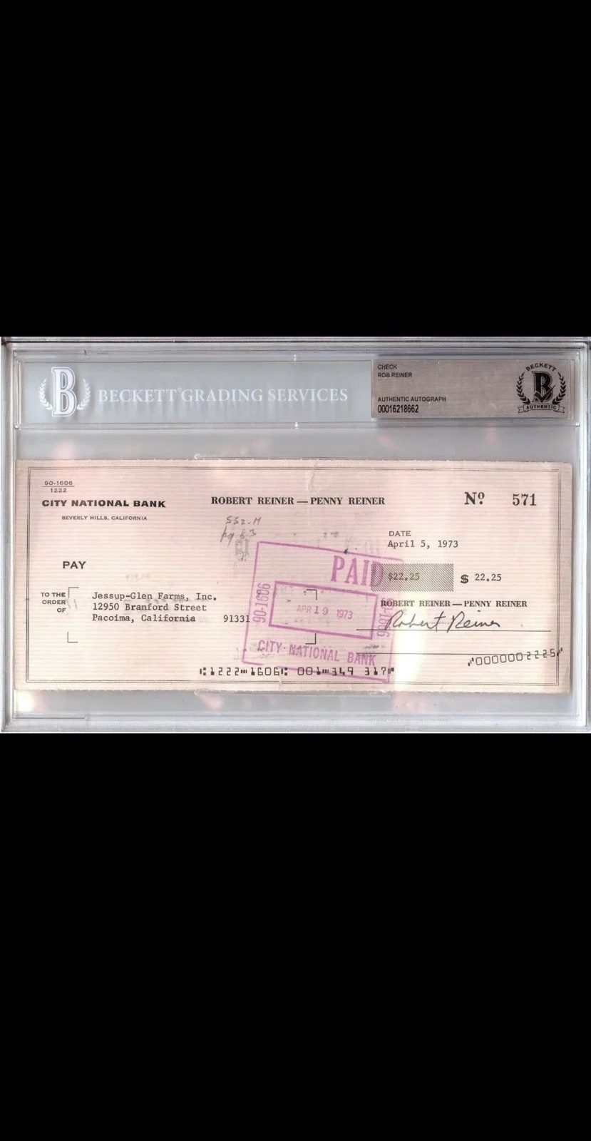 Rob Reiner — Rob Reiner Legendary Director Signed Autographed Bank Check Beckett COA Slabbed