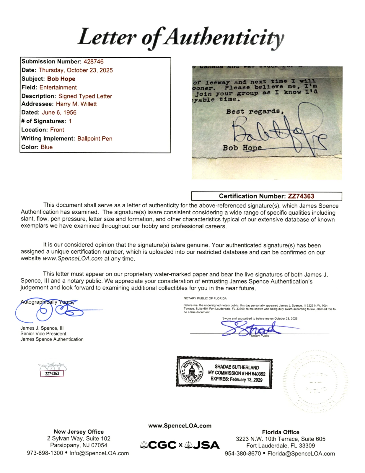 Bob Hope — BOB HOPE Signed Letter Framed - JSA Letter of Authenticity, image 2
