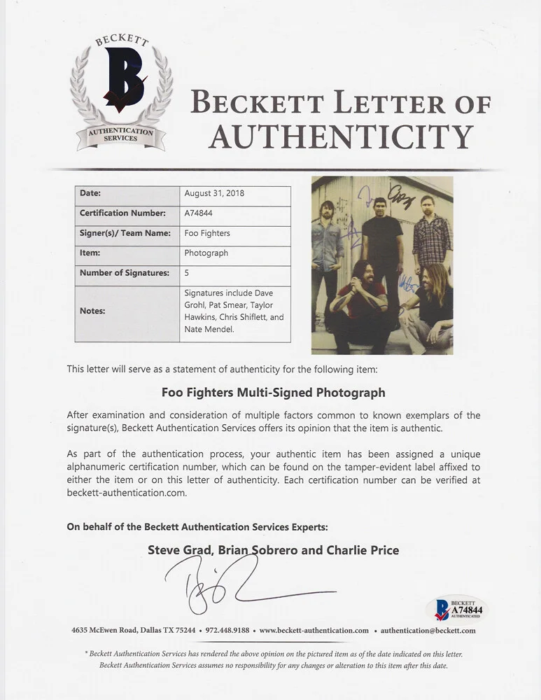 Foo Fighters — Foo Fighters Taylor Hawkins Band Signed Autograph 11x14 Photo Beckett BAS COA C, изображение 3