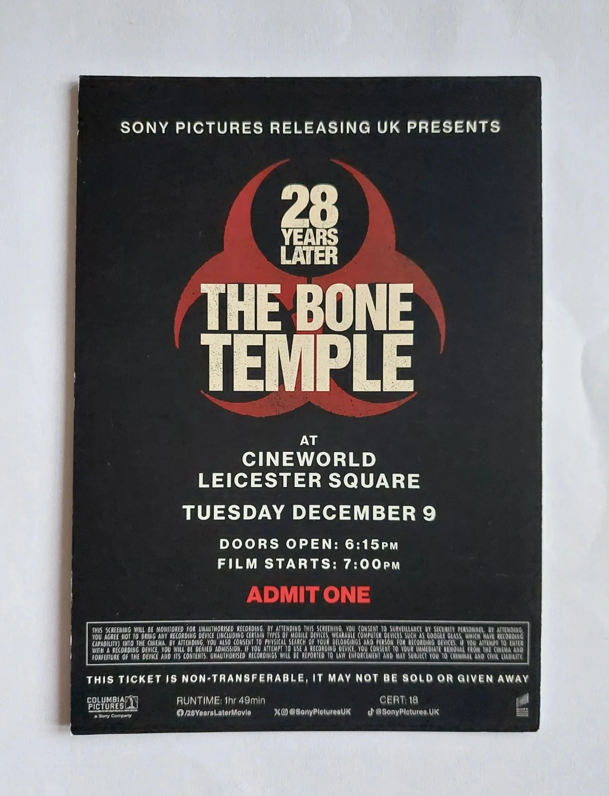 1st Worldwide Preview Cinema Screening Ticket - 28 Years later The Bone Temple, image 2