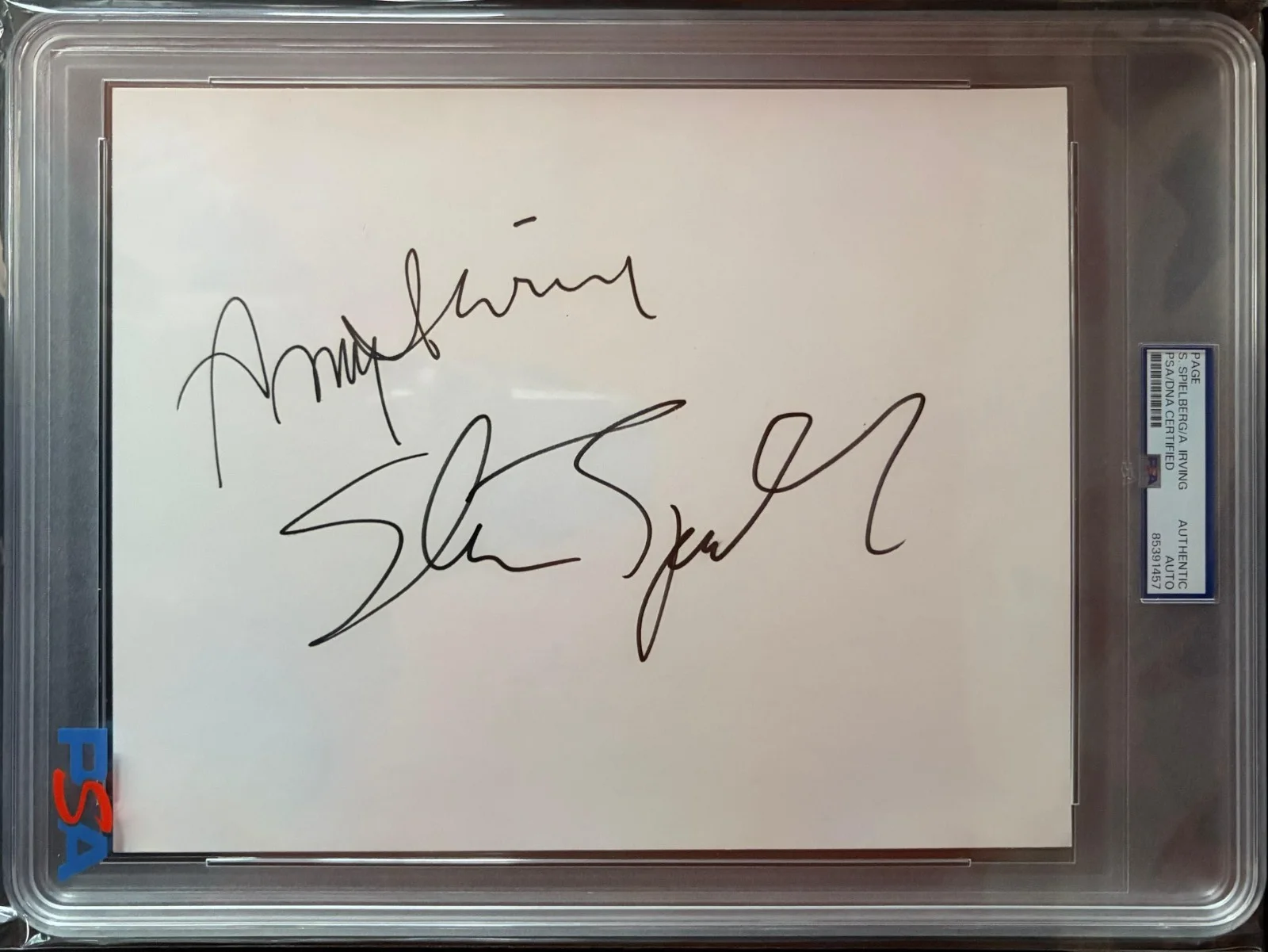 Steven Spielberg & Amy Irving — STEVEN SPIELBERG AMY IRVING SIGNED PAGE ENCAPSULATED PSA JAWS E.T. RARE VINTAGE