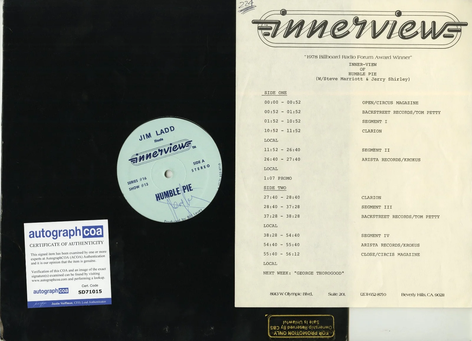 2 Humble Pie Signed Interview Vinyl Records, Steve Marriott and Jerry ACOA BBC, image 2