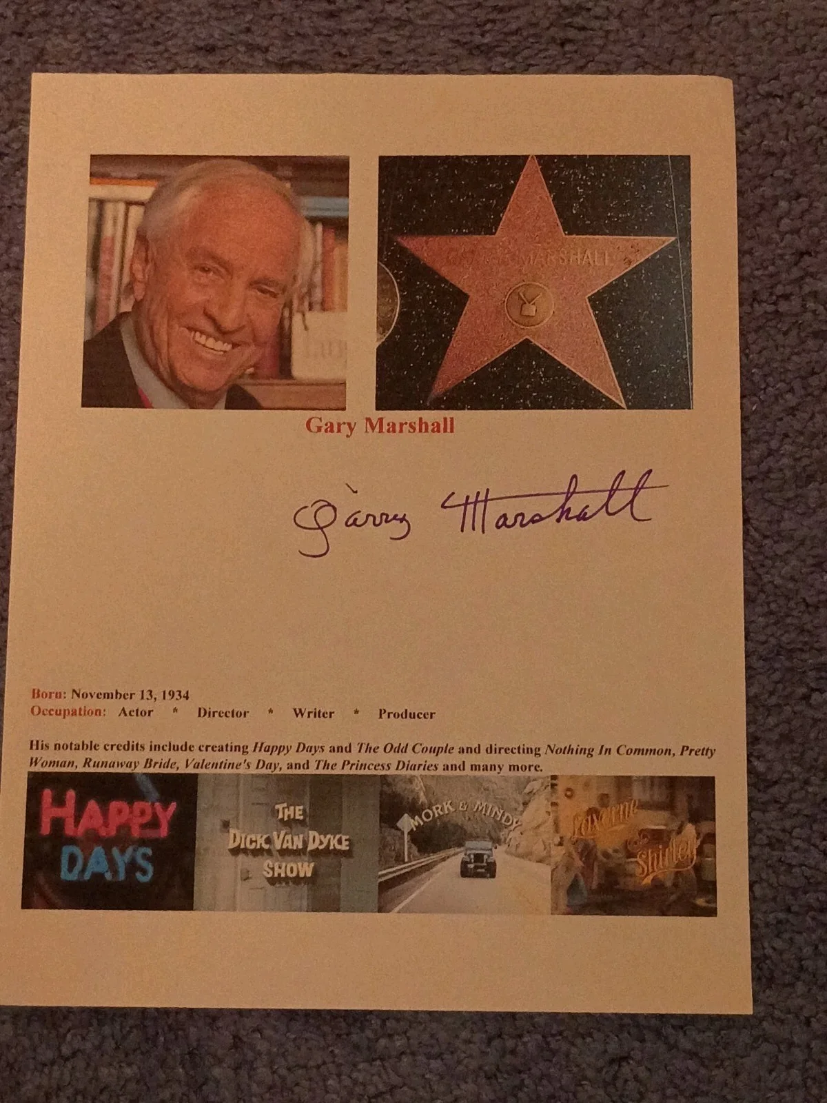Gary Marshall Signed Autographed 8.5x11" On Paper, image 2
