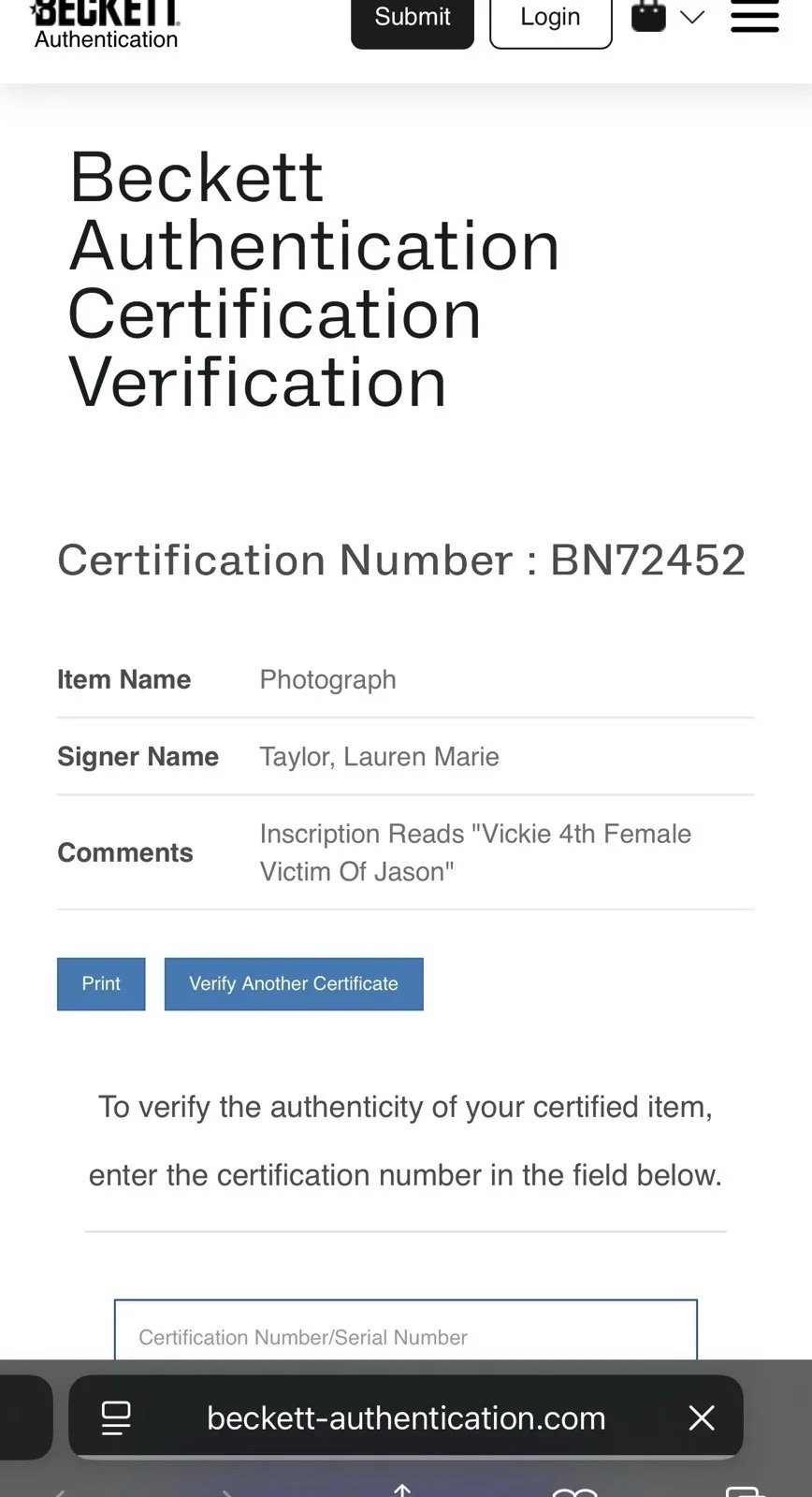 BAS COA LAUREN MARIE TAYLOR SIGNED W/ JASON INSCRIPT FRIDAY THE 13TH PHOTO, image 3
