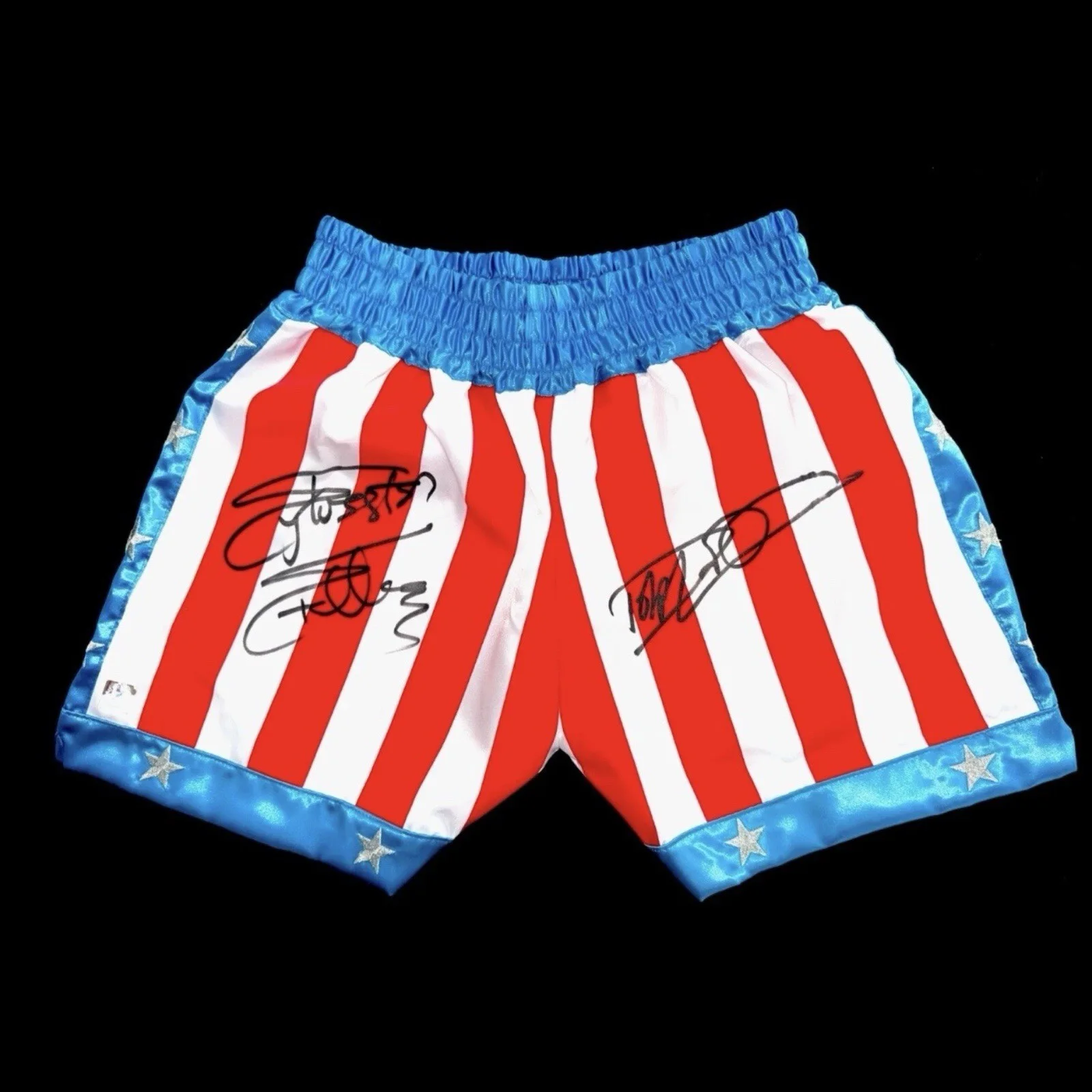 Sylvester Stallone — Sylvester Stallone & Dolph Lundgren Autographed ROCKY IV Boxing Trunks ASI Proof