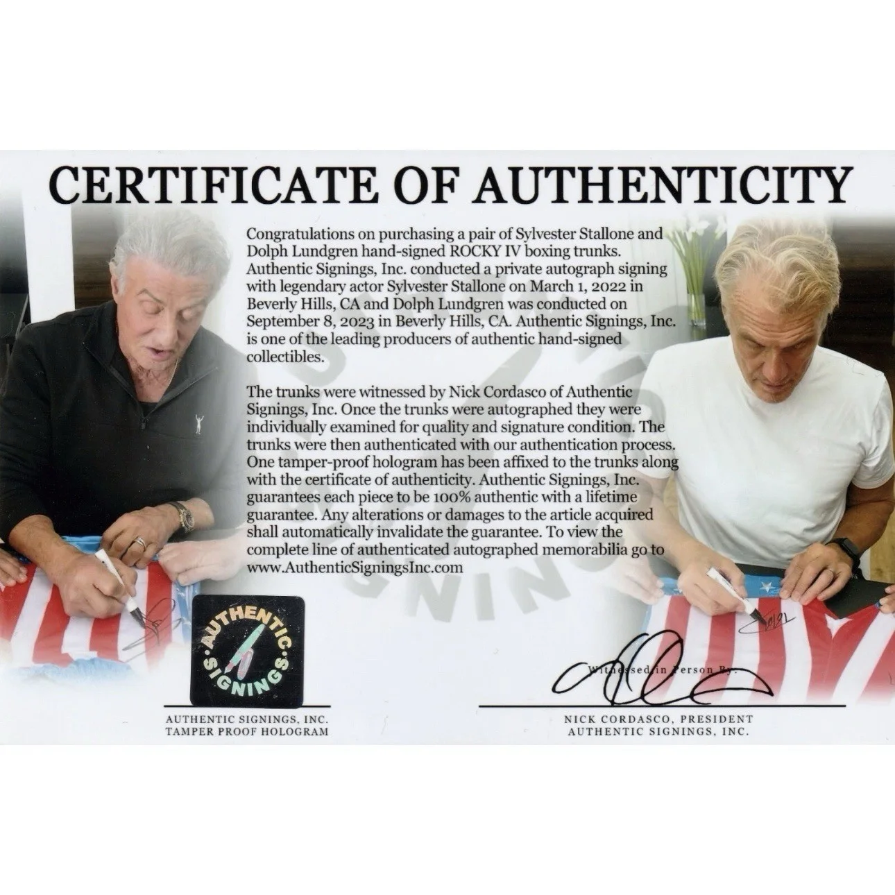 Sylvester Stallone — Sylvester Stallone & Dolph Lundgren Autographed ROCKY IV Boxing Trunks ASI Proof, изображение 4