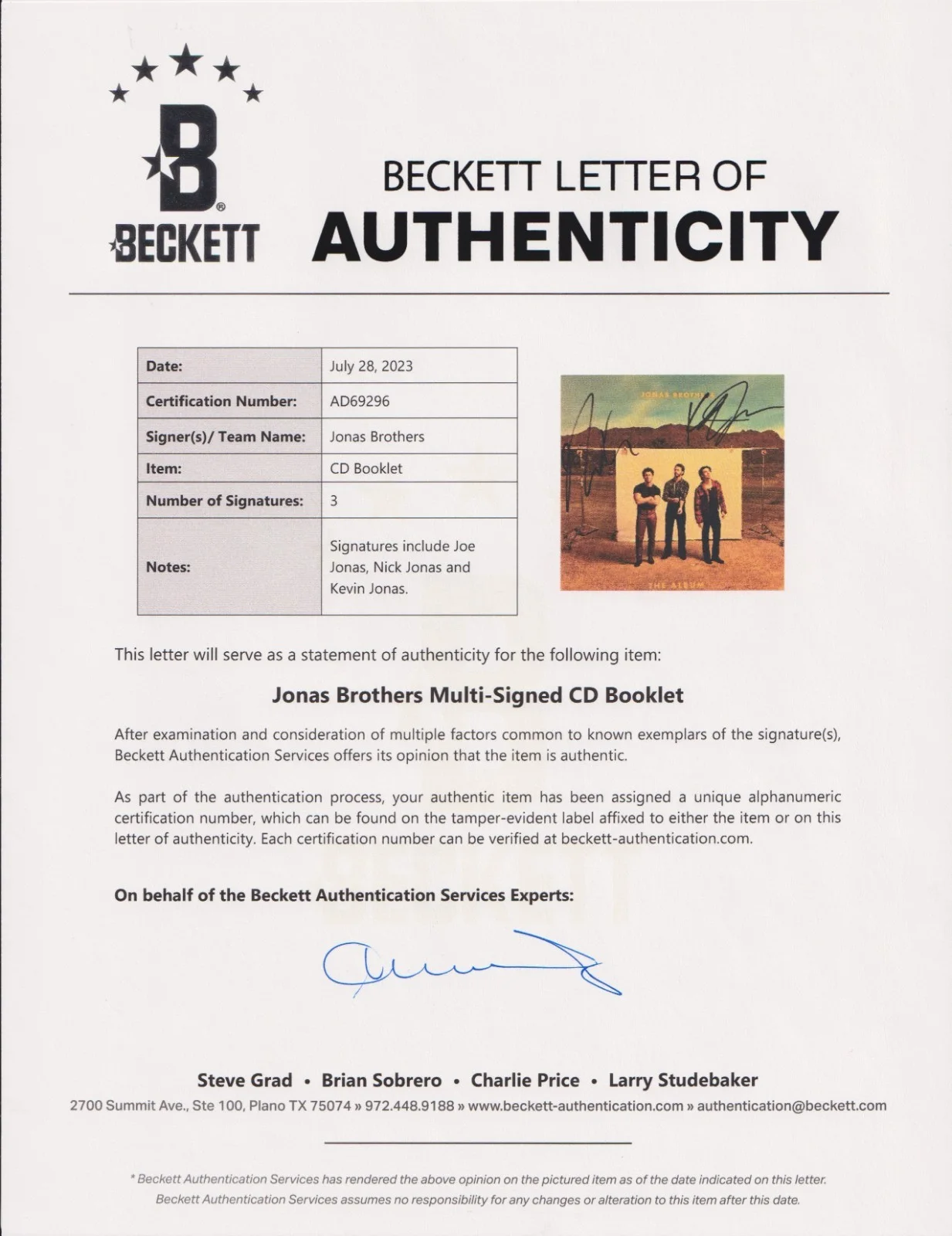 THE JONAS BROTHERS The Album Signed AUTO CD Full Band Beckett Letter LOA, изображение 4