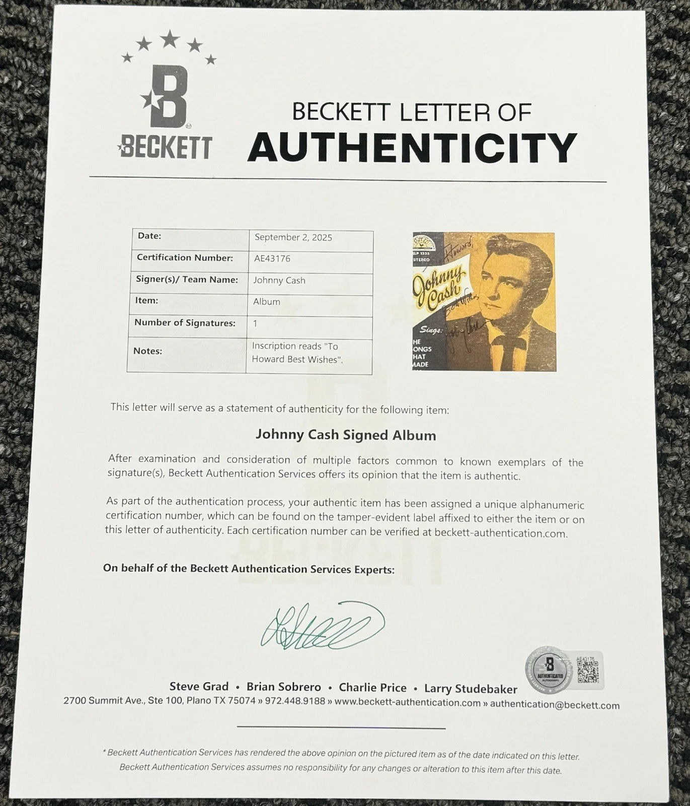 Johnny Cash Signed Autograph Songs That Made Him Famous Album Vinyl Beckett LOA, изображение 5