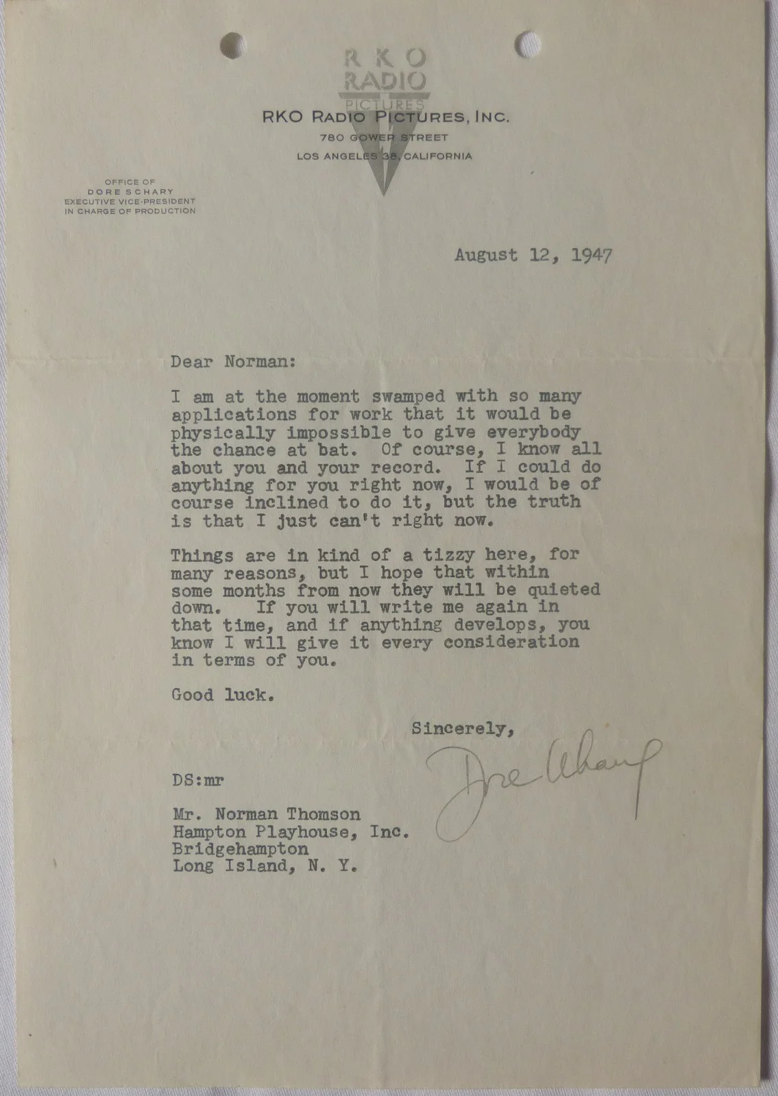 Dore Schary signed letter, August 12, 1947, RKO Radio Pictures./D, image 2