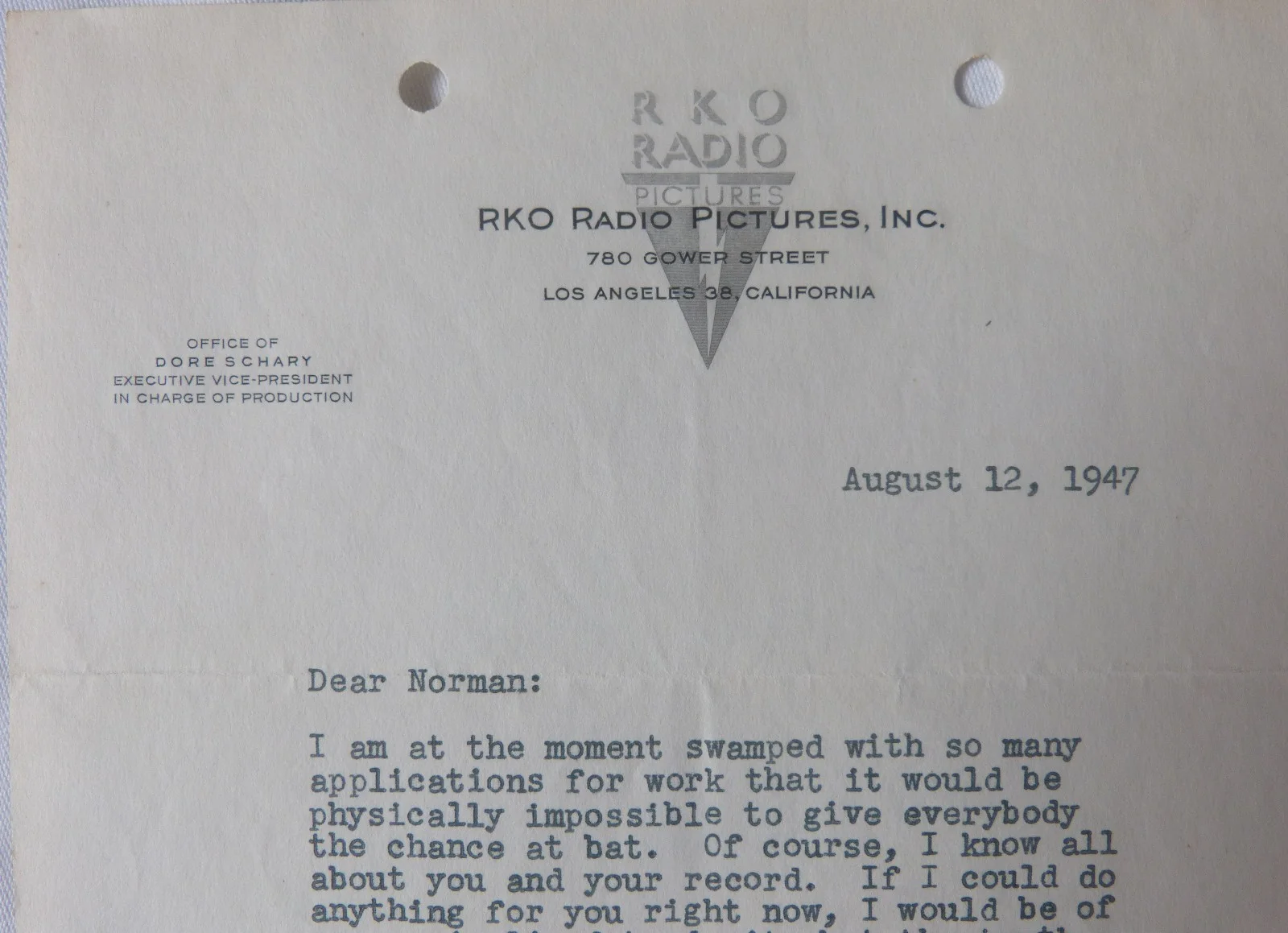 Dore Schary signed letter, August 12, 1947, RKO Radio Pictures./D, image 4
