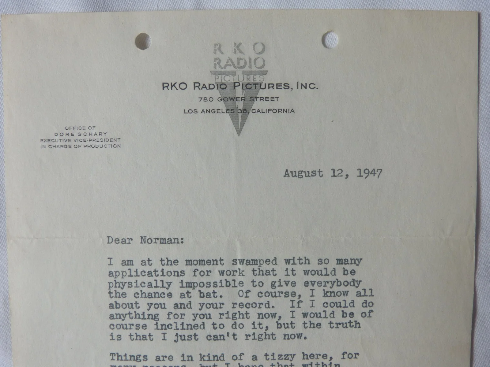Dore Schary signed letter, August 12, 1947, RKO Radio Pictures./D, image 5