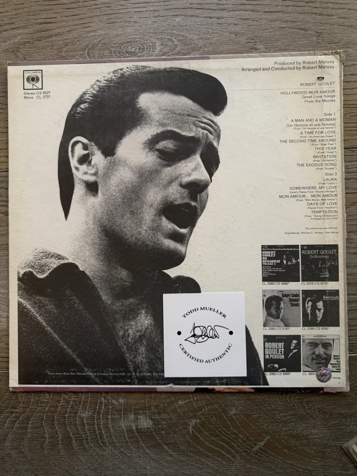 Robert Goulet autographed Hollywood Mon Amour album COA, изображение 2