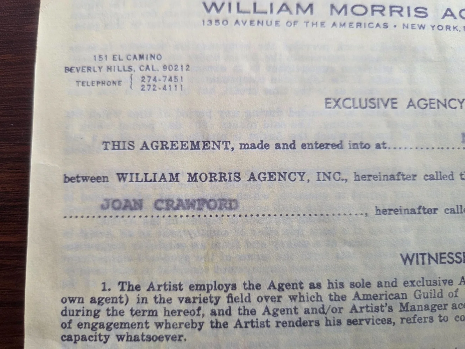 Joan Crawford — Joan Crawford's 1968 William Morris Agency Contract Signed Joan Crawford 68-71
