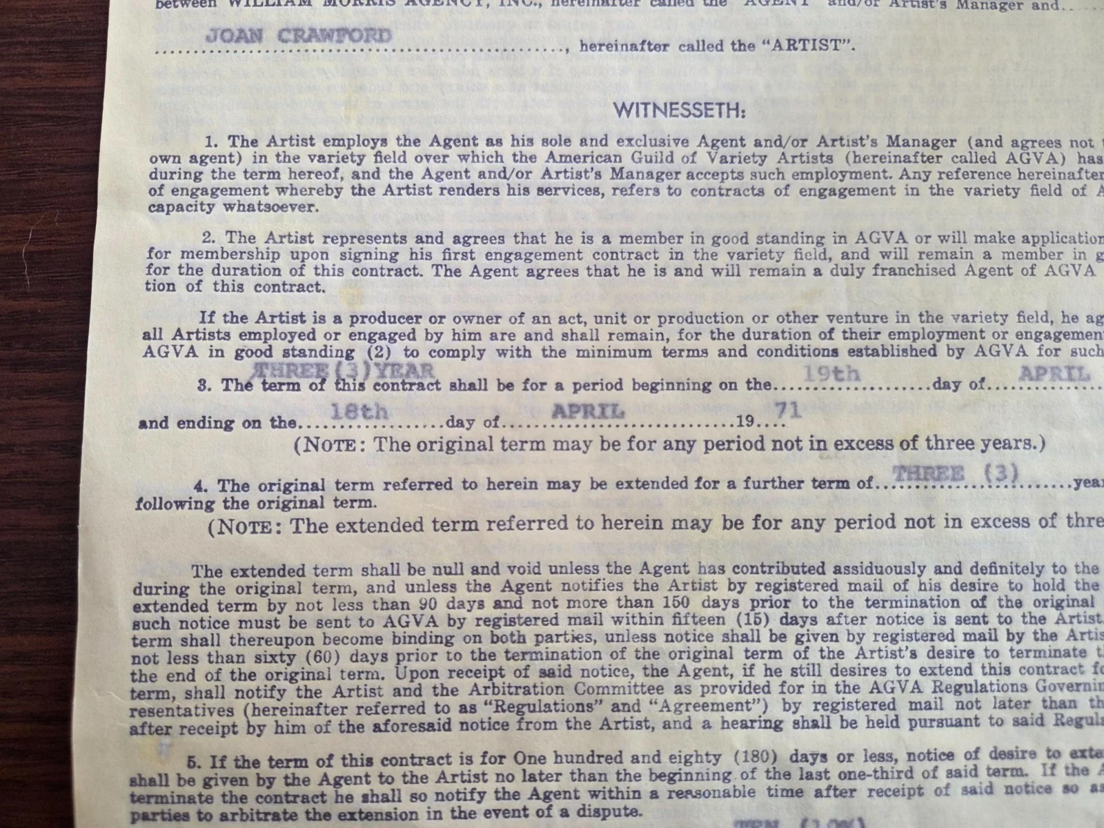 Joan Crawford — Joan Crawford's 1968 William Morris Agency Contract Signed Joan Crawford 68-71, image 2